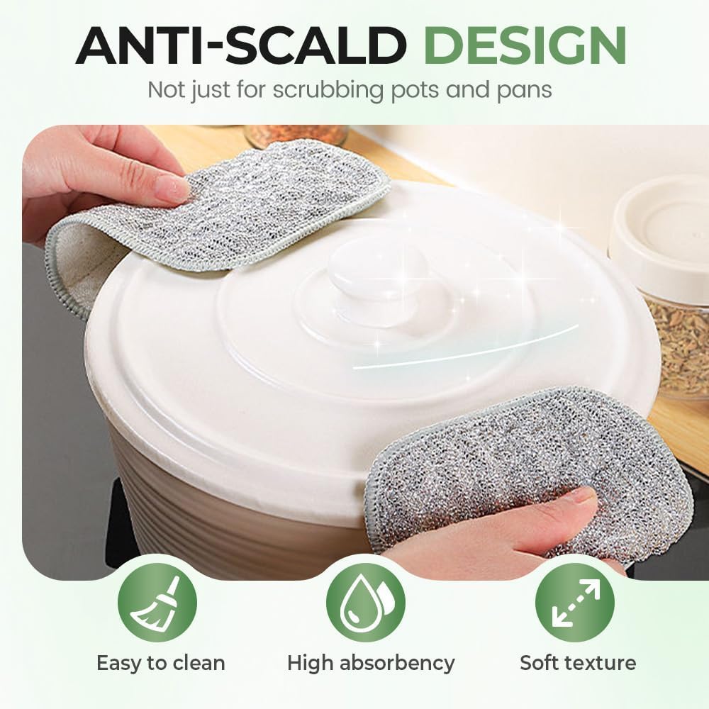 Silver scrub pad removing sauce residue from a plate